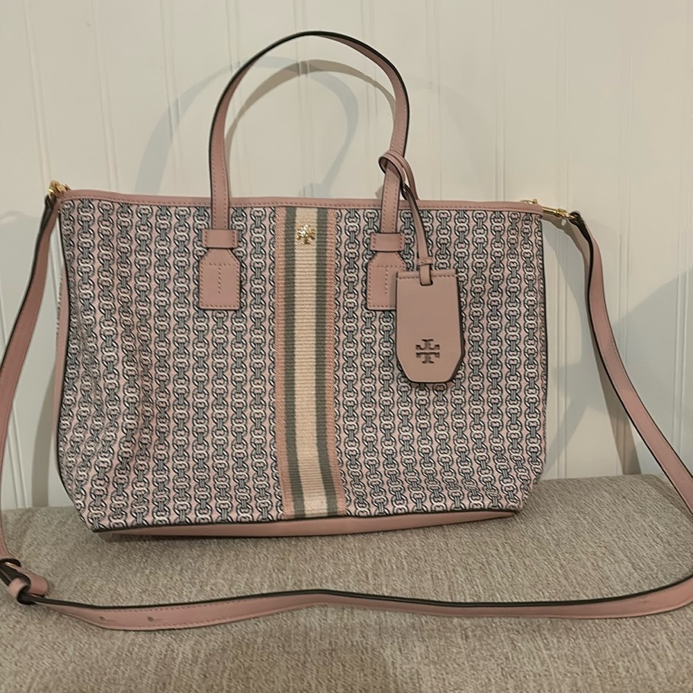 Tory Burch Pink Logo Canvas Tote with Stripe Detail